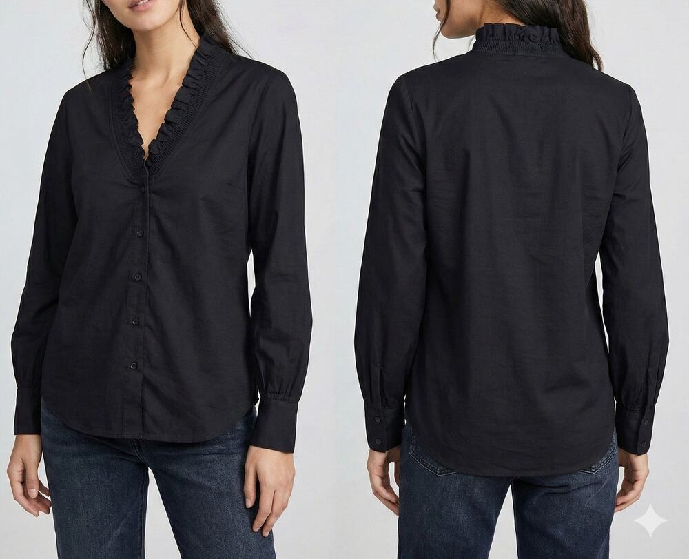 Karl Lagerfeld Paris Solid Black XS Button Front Ruffle Neckline Cotton Top